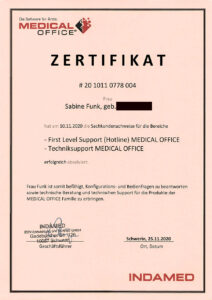 Grafik Indamed Medical Office Zertifikat First Level Support + Techniksupport
